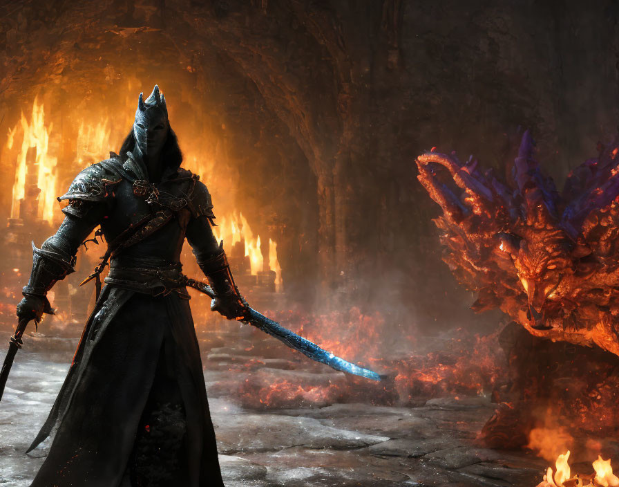 Hooded knight with blue sword confronts fiery dragon in flame-lit cave