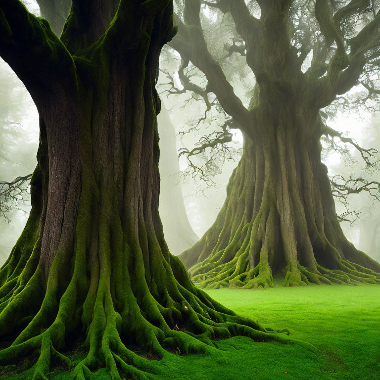 Misty enchanted forest with ancient moss-covered trees