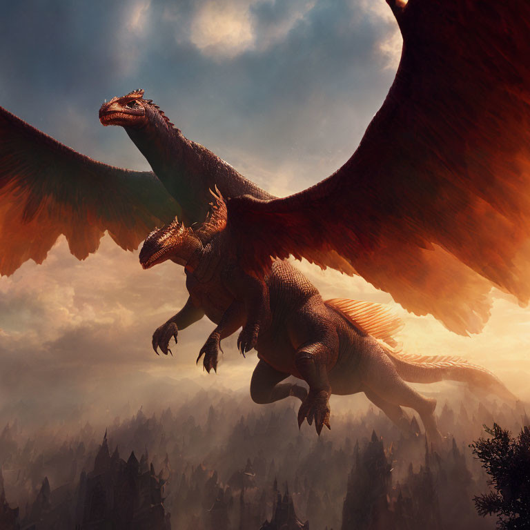 Majestic dragon flying over misty landscape at sunset