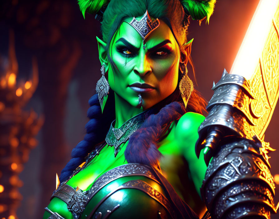 Fantasy warrior with green skin, glowing sword, and elaborate armor in fiery setting