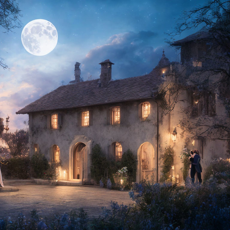 Couple embracing outside old-fashioned house under full moon.