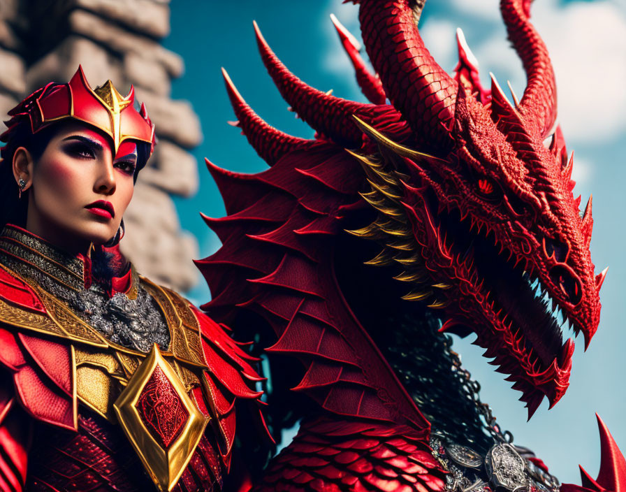 Woman in Red & Gold Armor with Red Dragon: Symbol of Power & Unity