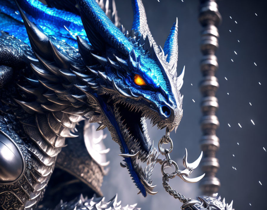 Blue dragon with sharp scales and orange eyes holding a metallic staff in a snowy fantasy scene