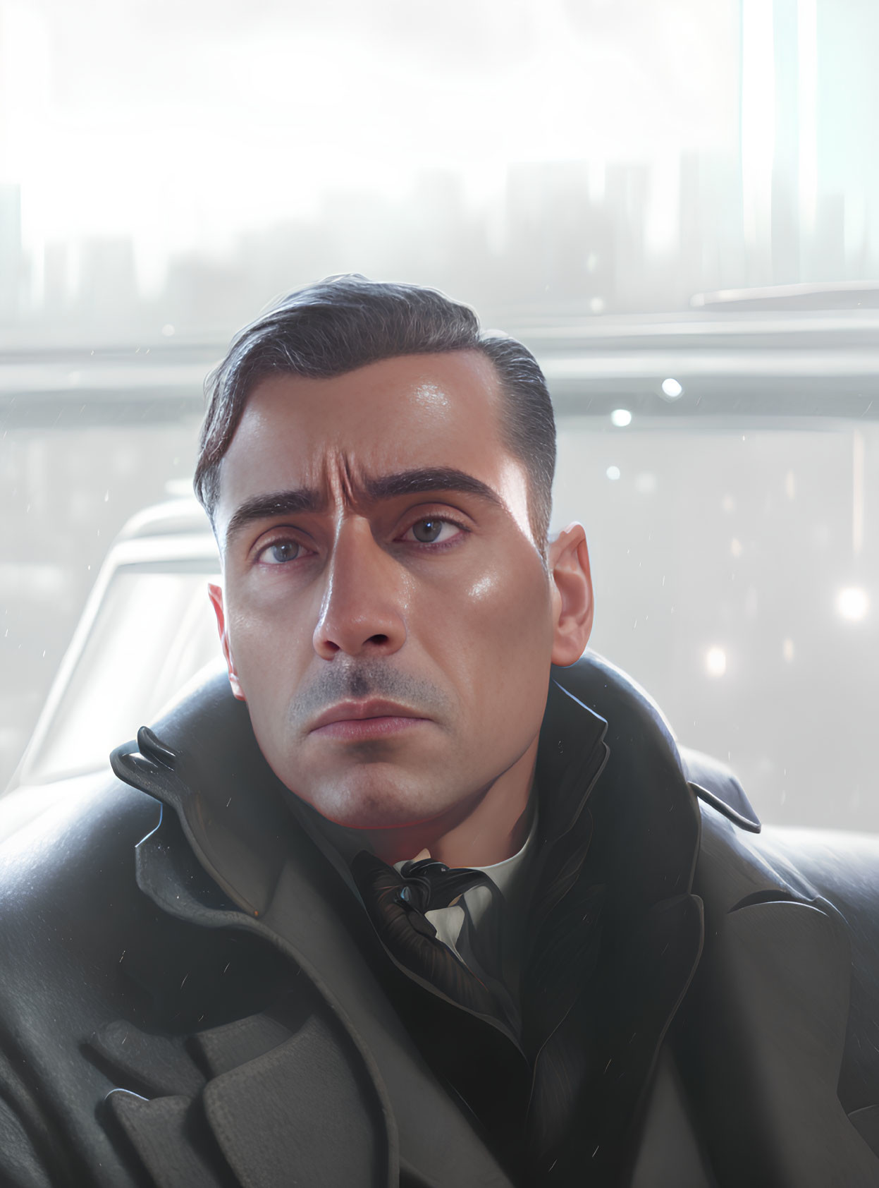 Man with slicked-back hair in coat gazes at cityscape