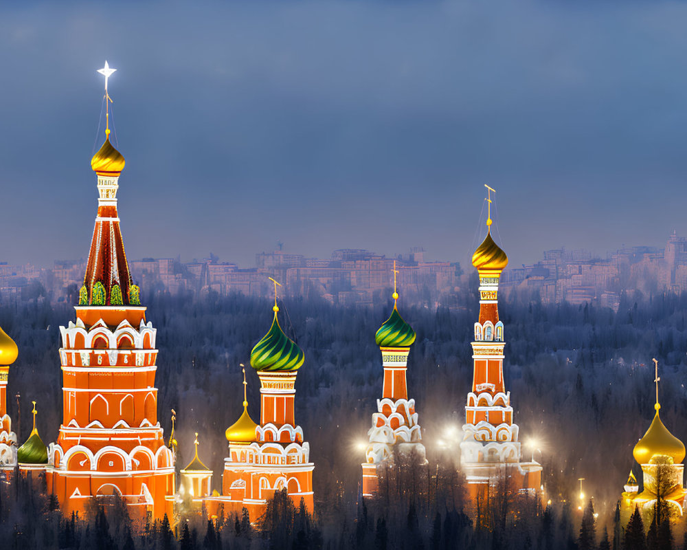 Panoramic view of illuminated towers in Russian architectural style