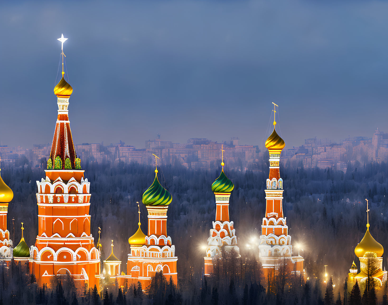 Panoramic view of illuminated towers in Russian architectural style