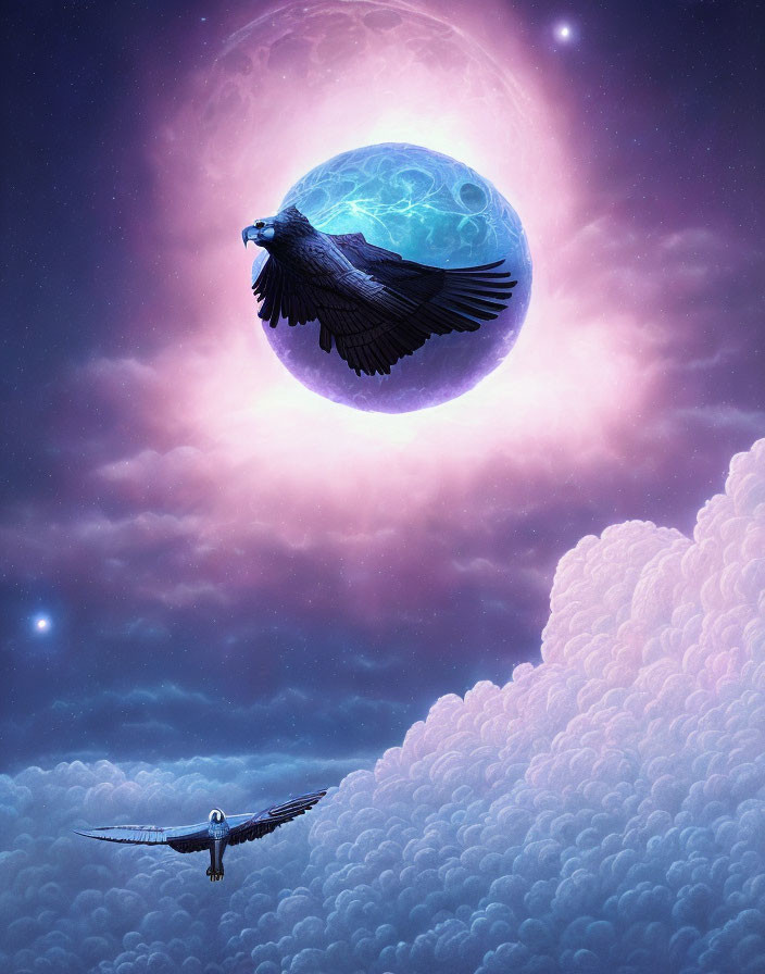 Majestic eagle flying under surreal moonlit sky