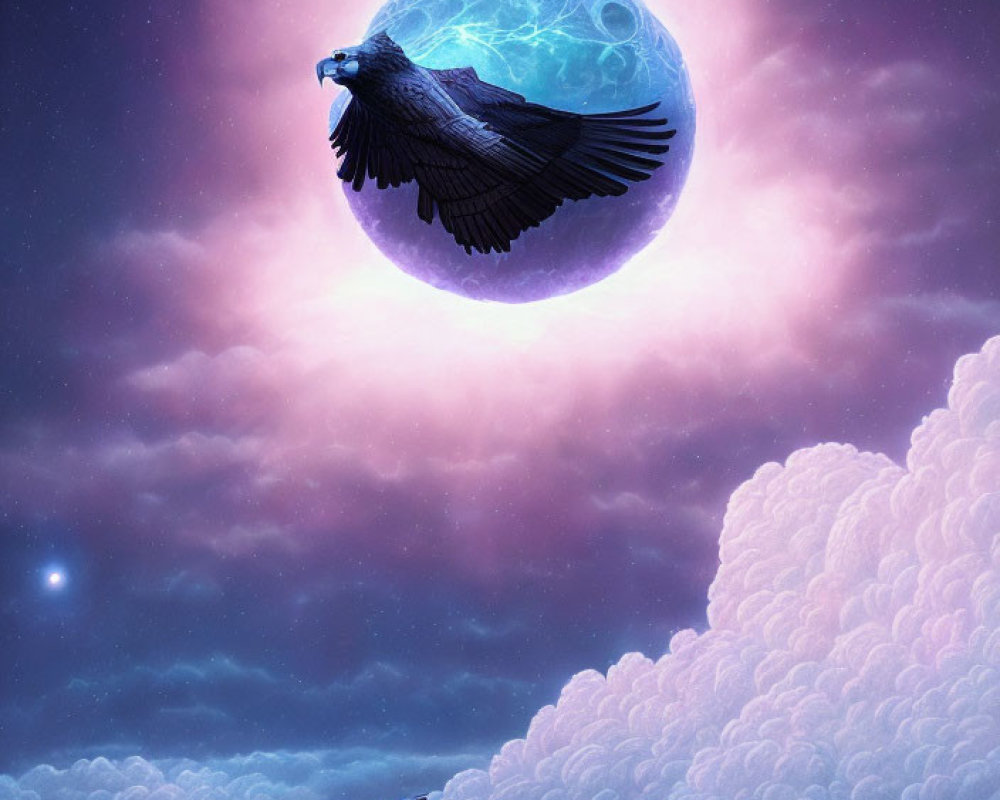 Majestic eagle flying under surreal moonlit sky