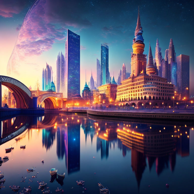 Futuristic cityscape at dusk with moon, towers, and river reflections