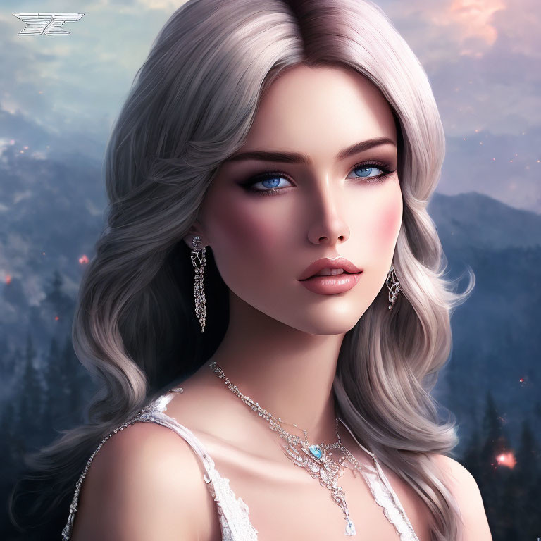 Woman with Blue Eyes and Gray Hair in Forest Twilight Scene