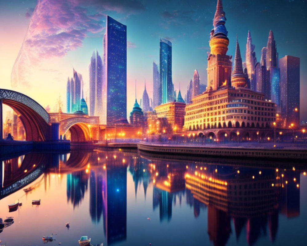 Futuristic cityscape at dusk with moon, towers, and river reflections