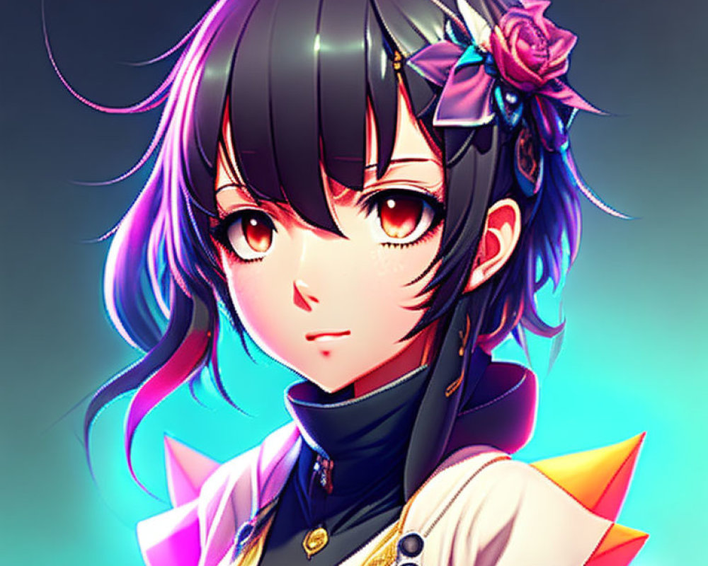 Dark-haired anime character with flower hairpin, pink highlights, red eyes, and dark outfit with orange