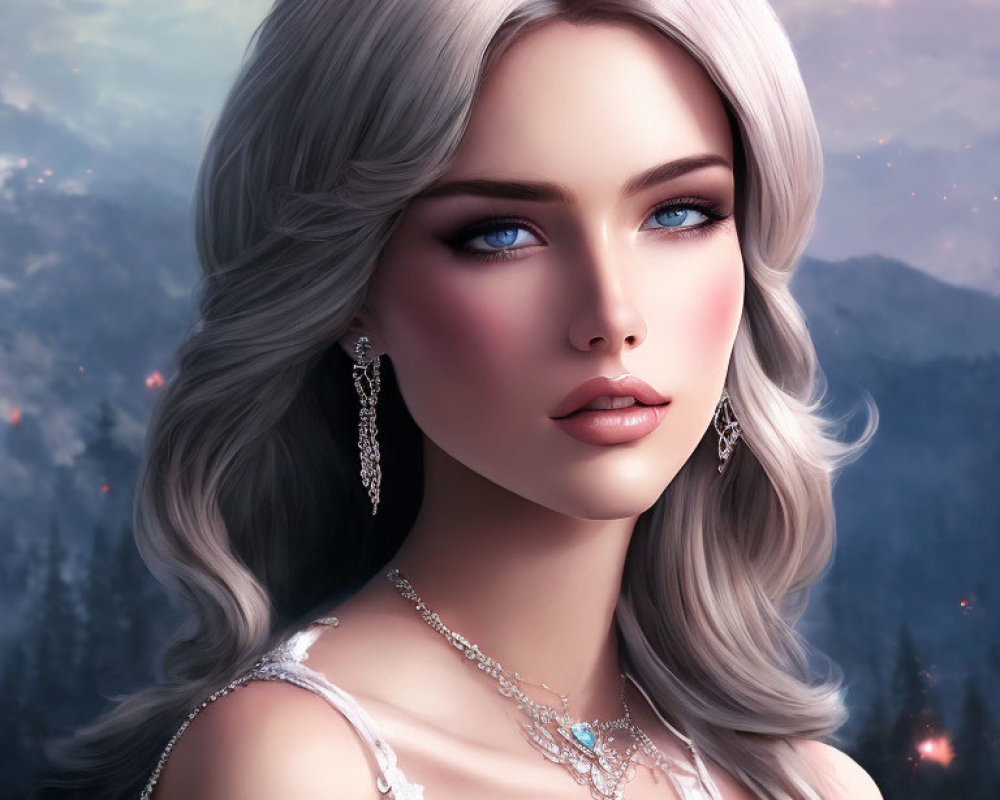 Woman with Blue Eyes and Gray Hair in Forest Twilight Scene