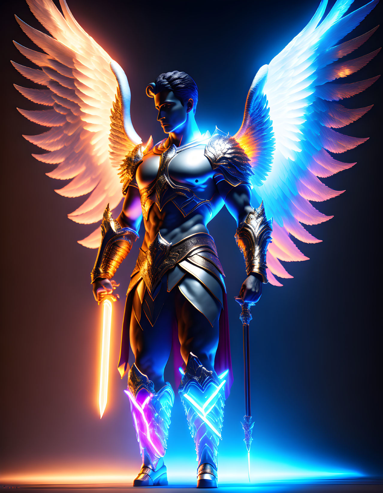 Angelic figure with blue wings and armor holding sword and spear on gradient background