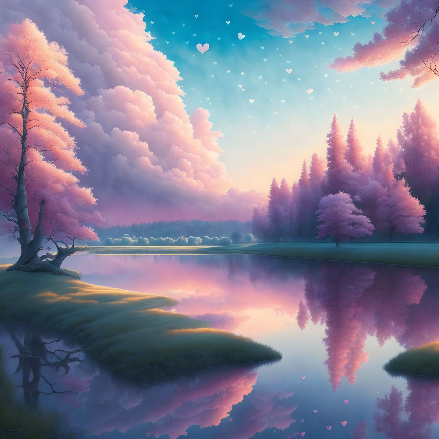 Tranquil twilight scene with pink trees, calm lake, heart-shaped leaves, and pastel sky