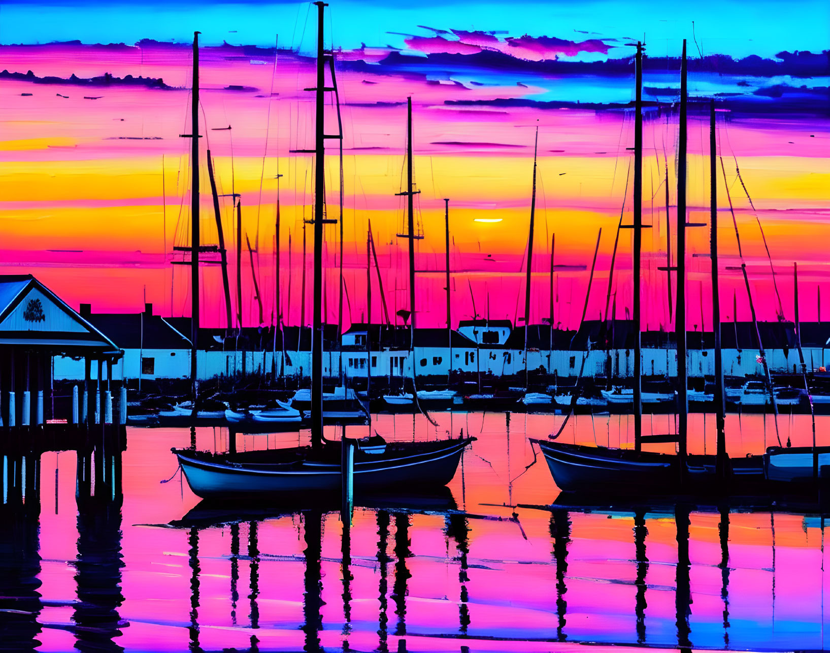 Tranquil water sunset with sailboat silhouettes & vibrant hues