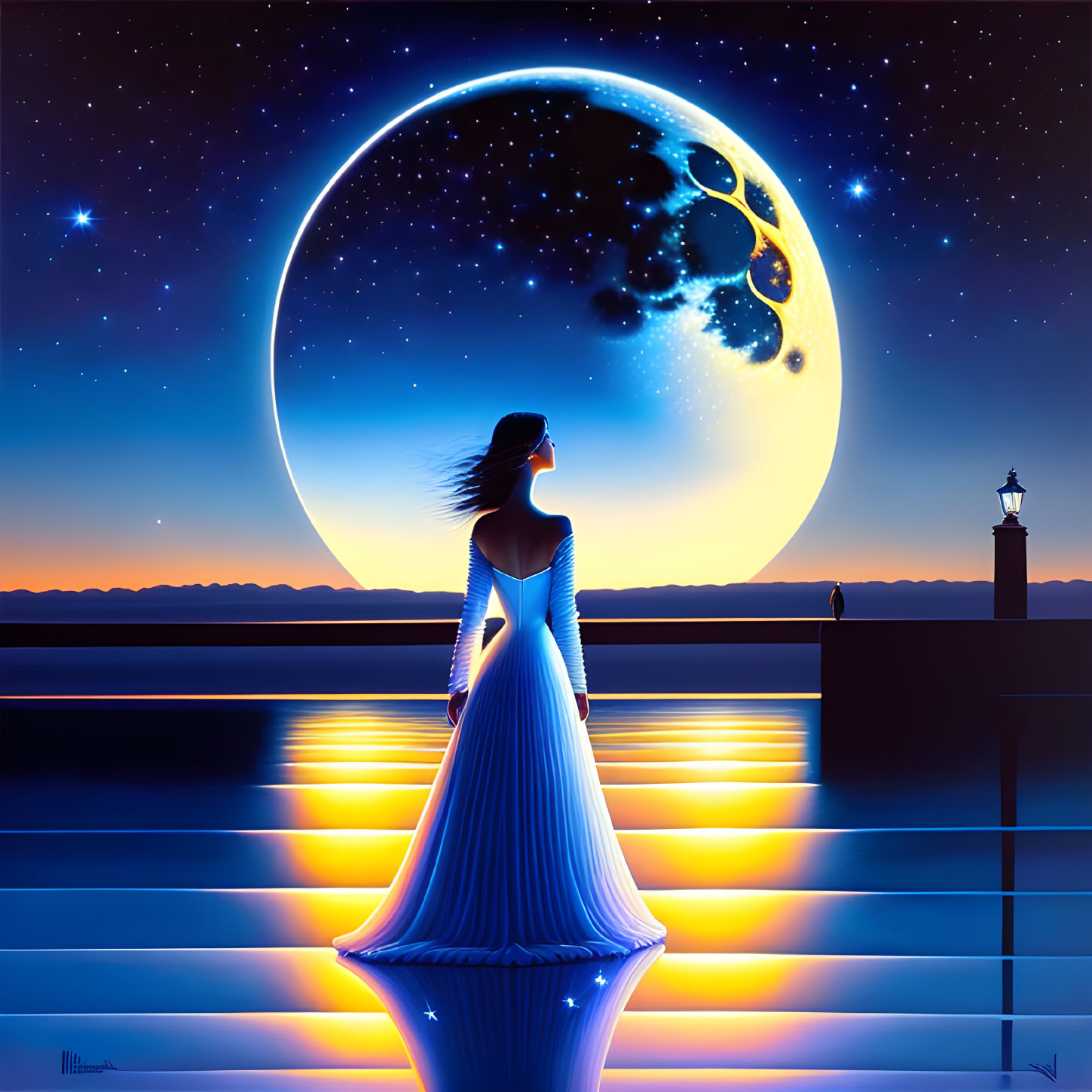 Woman in Blue Dress Gazes at Crescent Moon by Waterfront