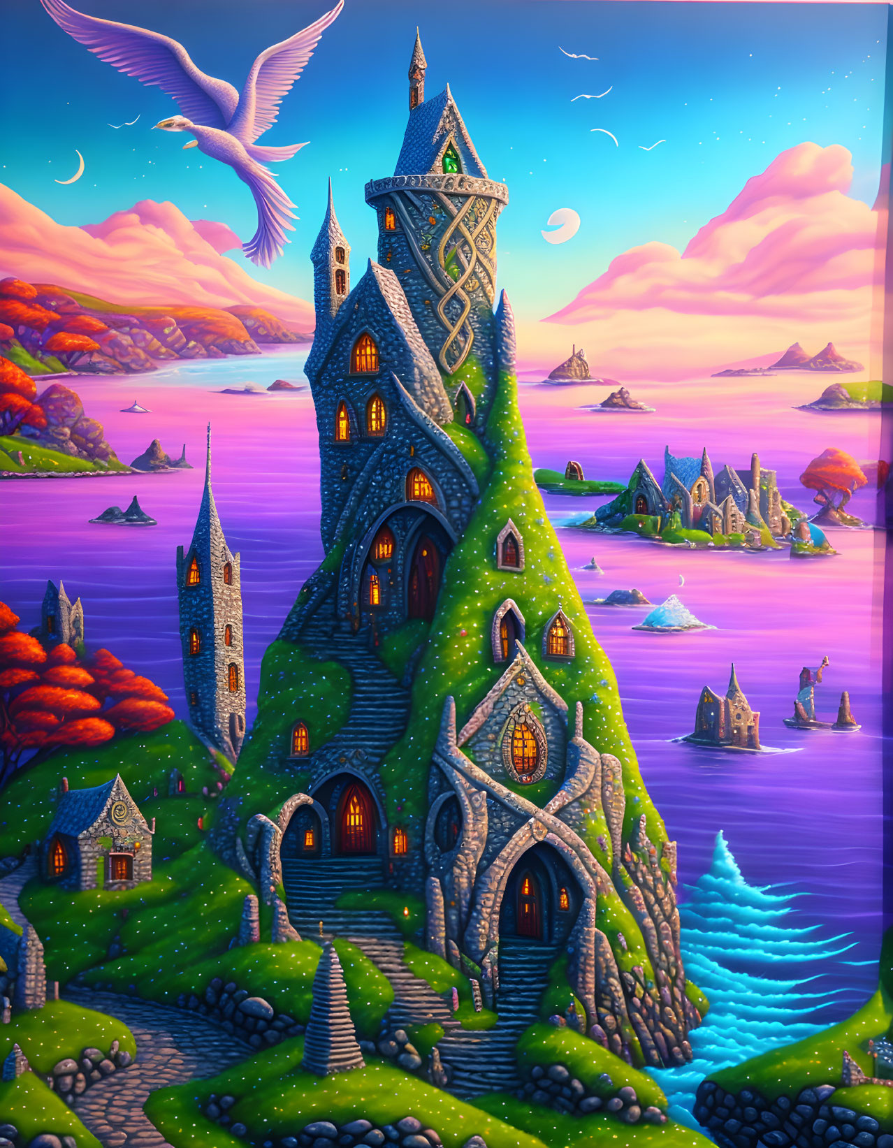 Digital illustration: Vine-covered castle on seaside cliff at twilight with bird and distant islands