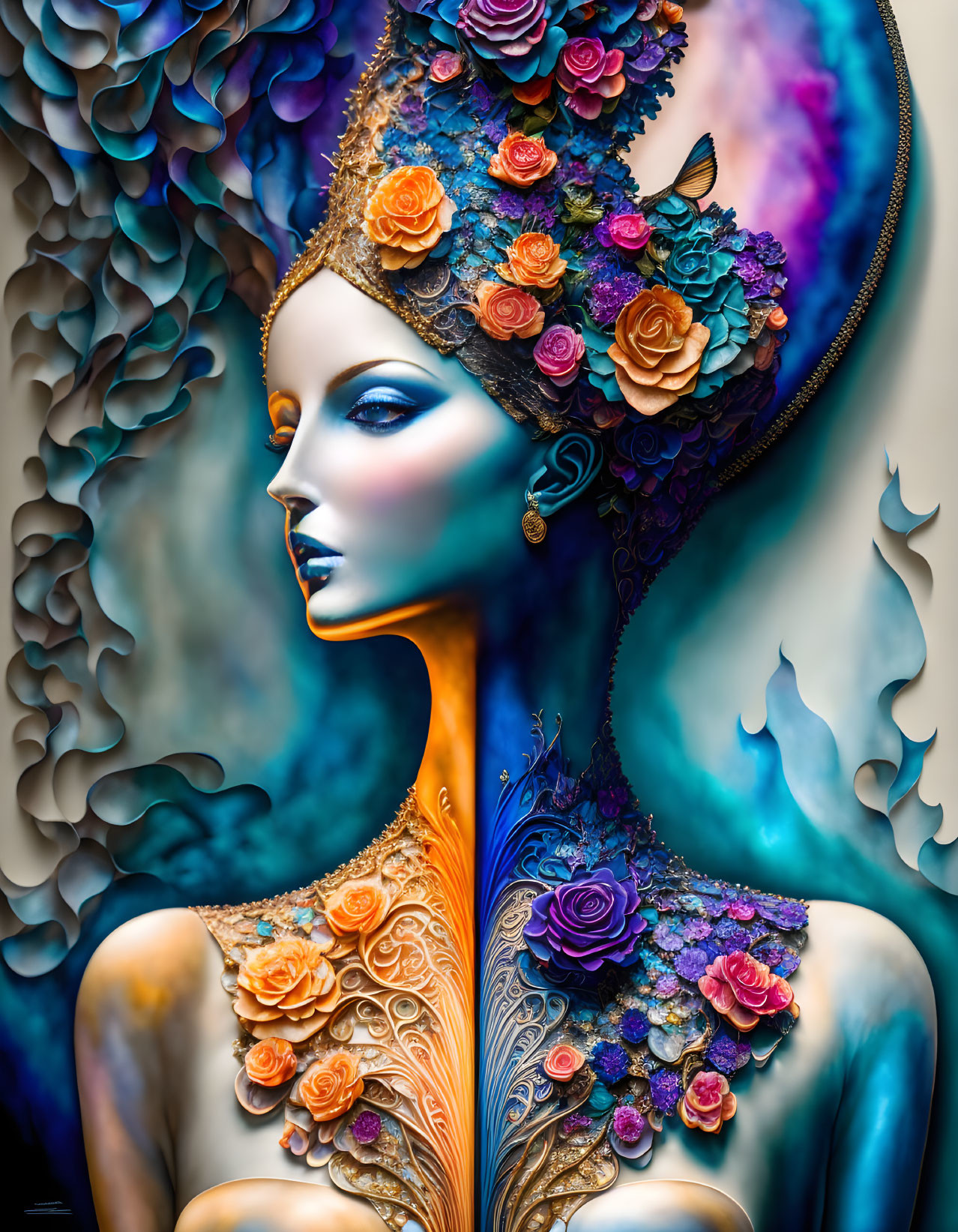 Colorful artwork of a woman with blue skin and floral headdress