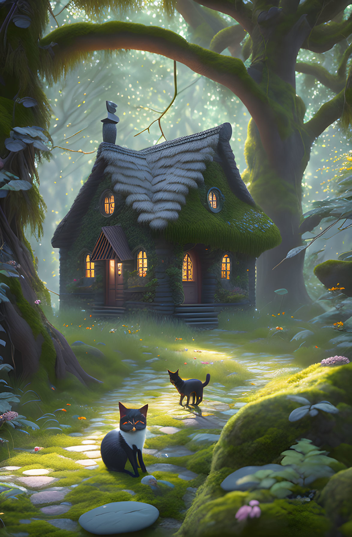 Enchanted forest scene with quaint cottage, glowing lights, moss, and black cats