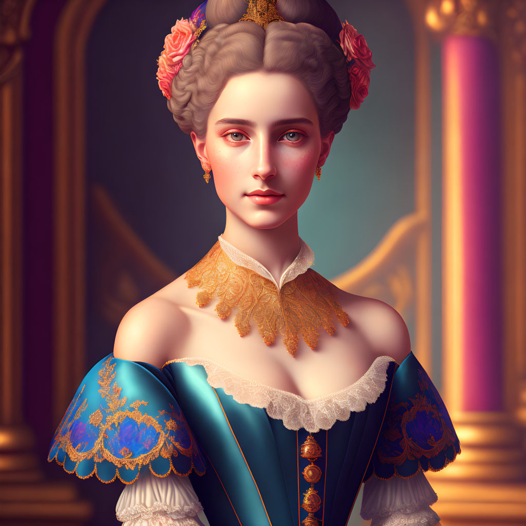 Illustrated noblewoman in blue and gold dress with lace collar in luxurious interior.