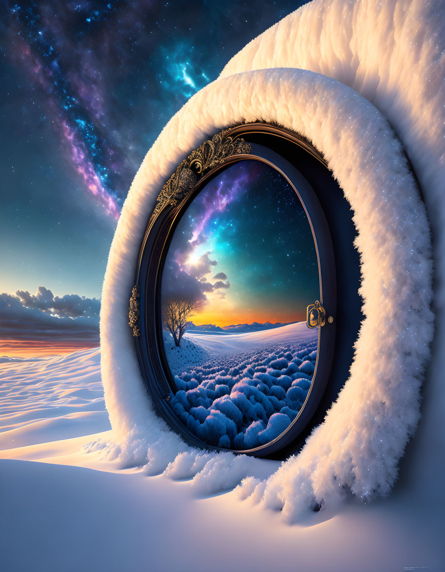 Vintage Round Mirror Reflects Ornate Cosmic Sky Over Snowy Twilight Landscape