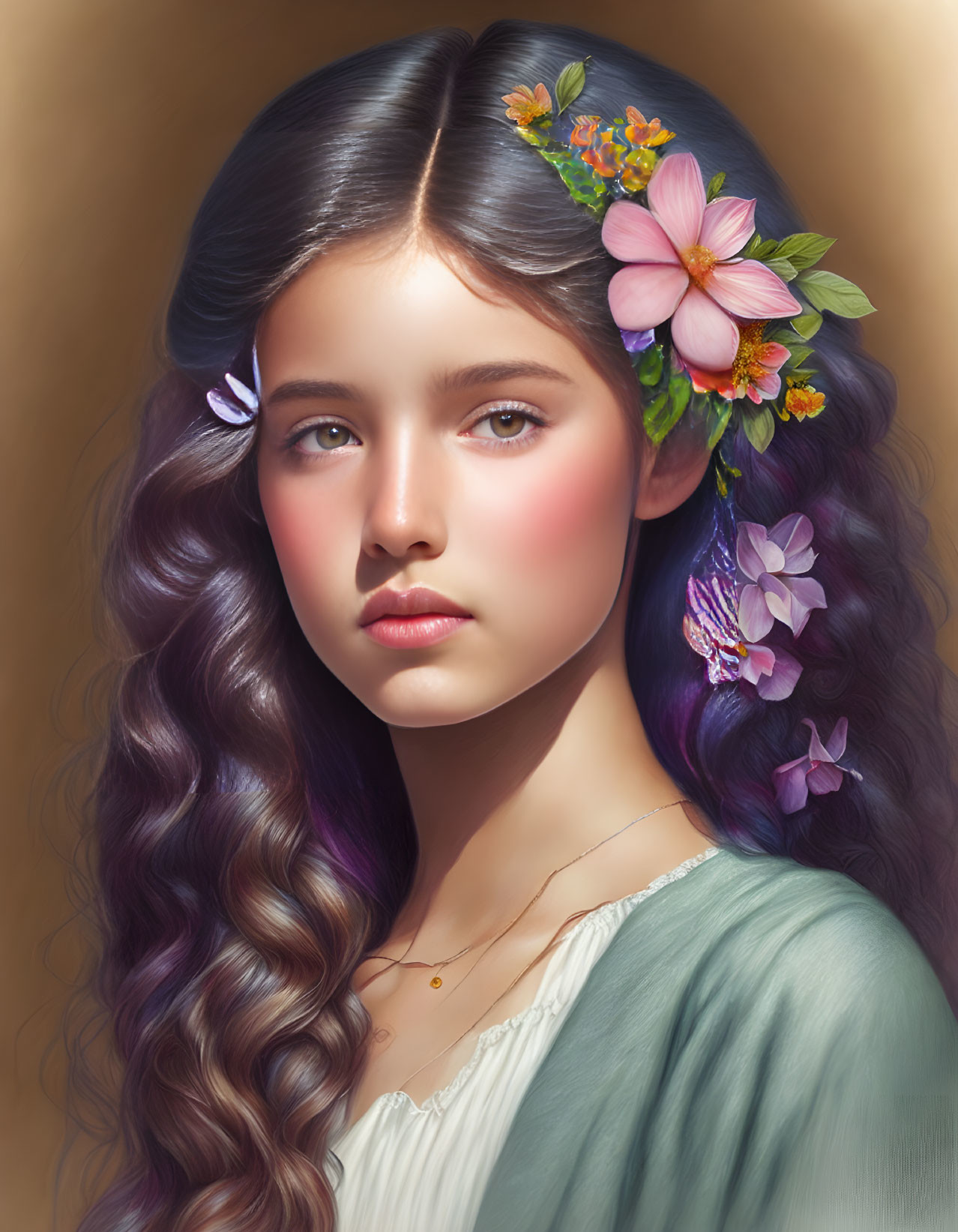 Young girl with wavy hair and floral hair accessories in digital painting