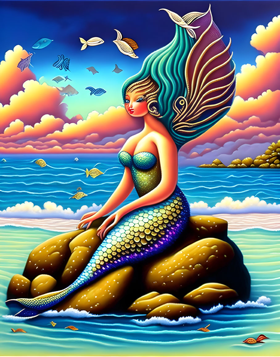 Colorful Mermaid Artwork with Teal and Gold Tail in Calm Sea