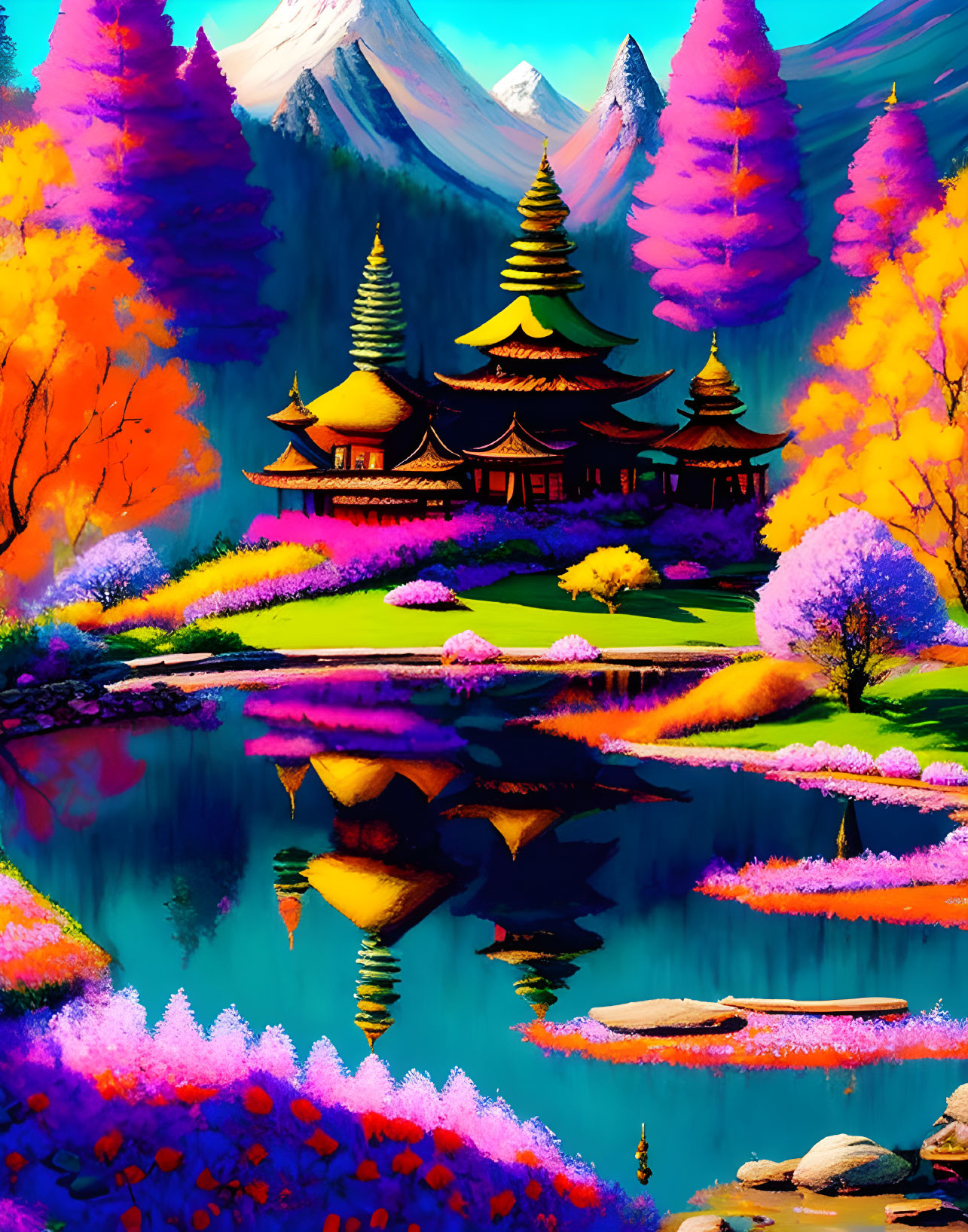 Colorful Asian Pagoda Surrounded by Nature Scene