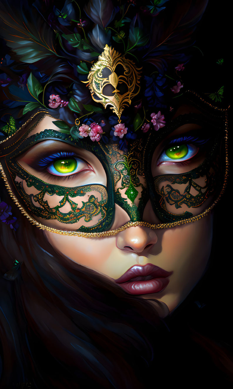 Intricate Black and Gold Masquerade Mask with Vibrant Flowers and Green Eyes