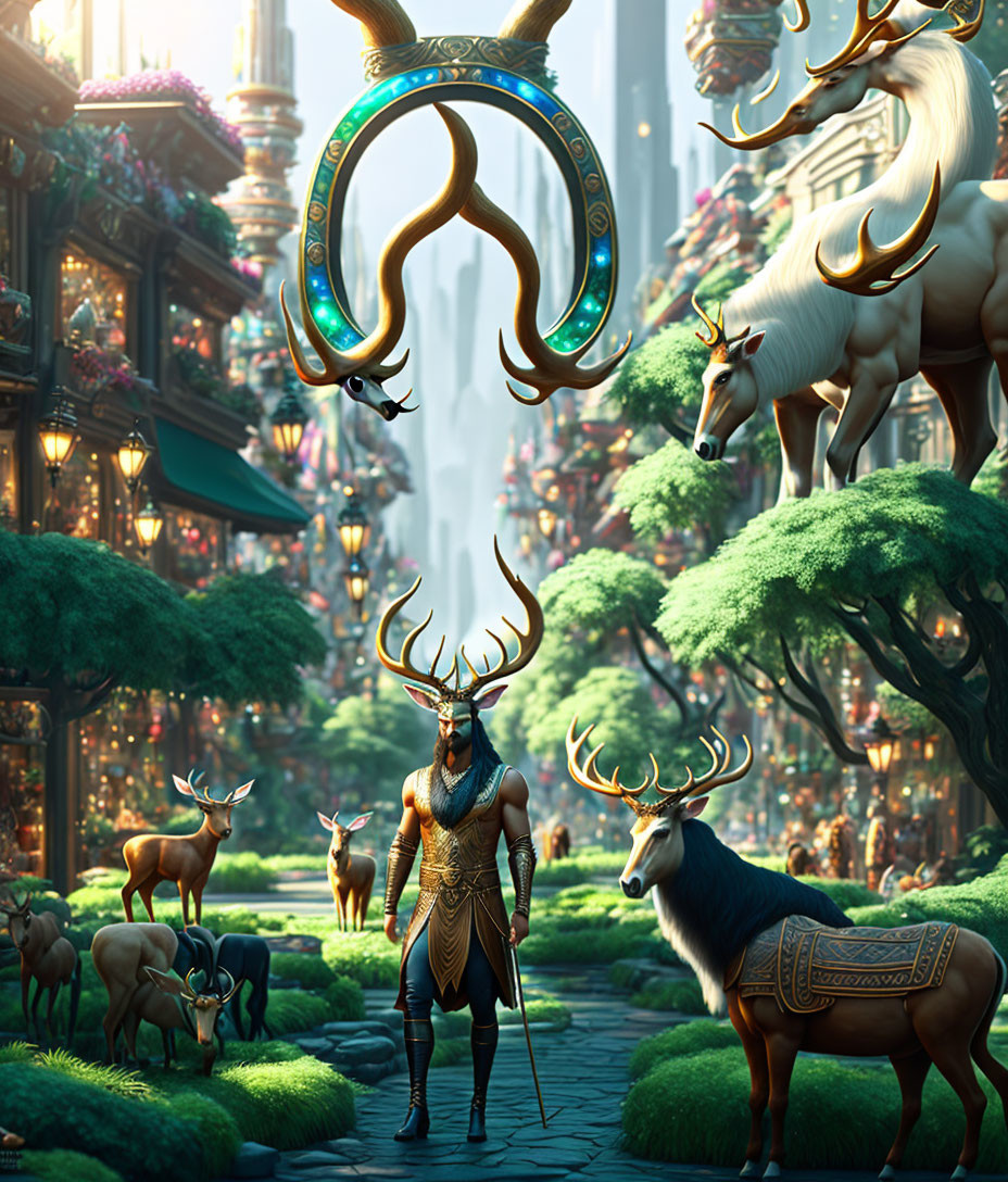 Fantasy Scene: Man with Antlers Surrounded by Magical Deer in Enchanting Forest City