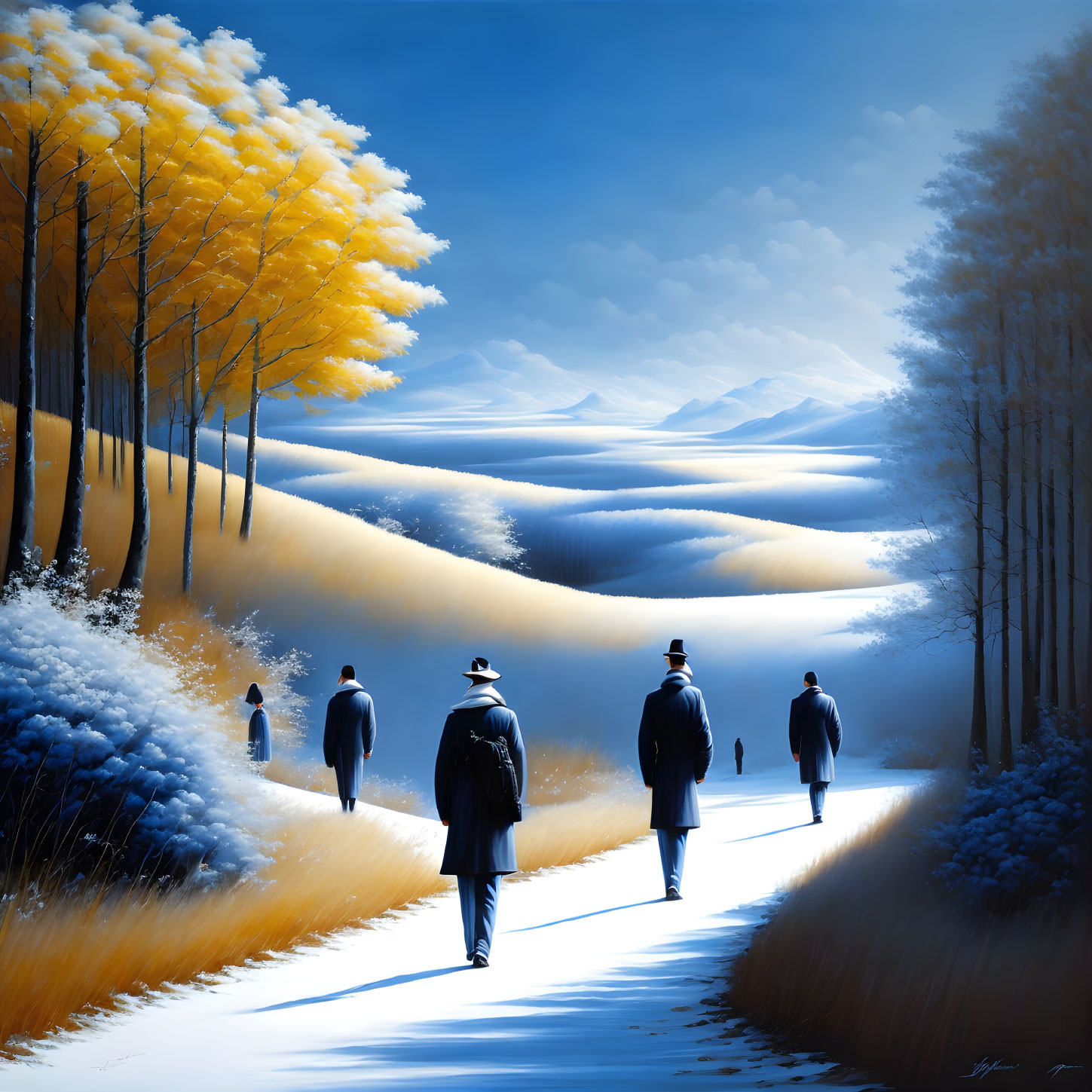 Group of People Walking in Snowy Landscape with Golden Trees