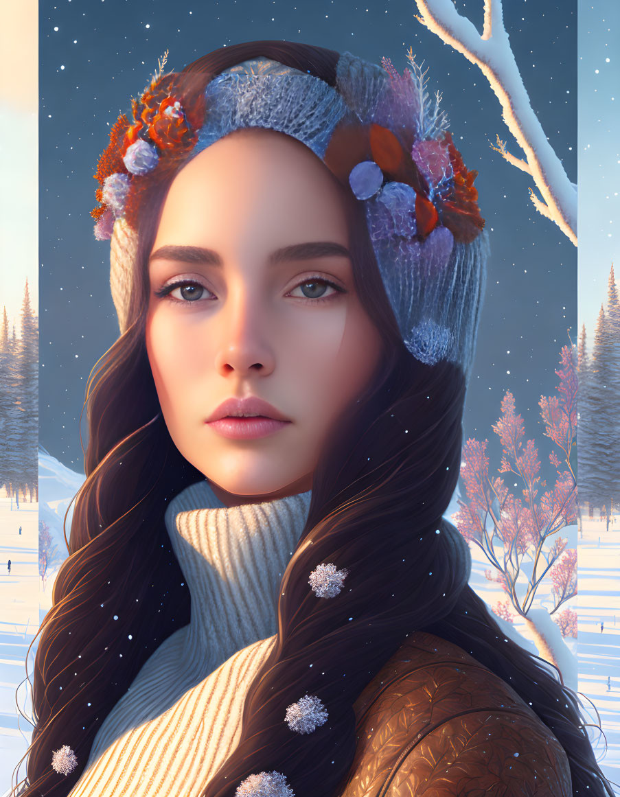 Digital artwork featuring woman with floral headband and knitted hat in snowy forest.