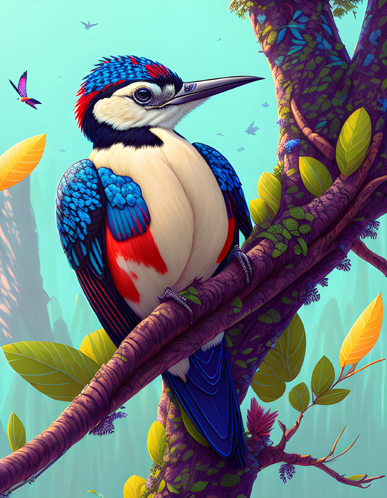 Vibrant bird illustration on branch with colorful plumage and lush foliage