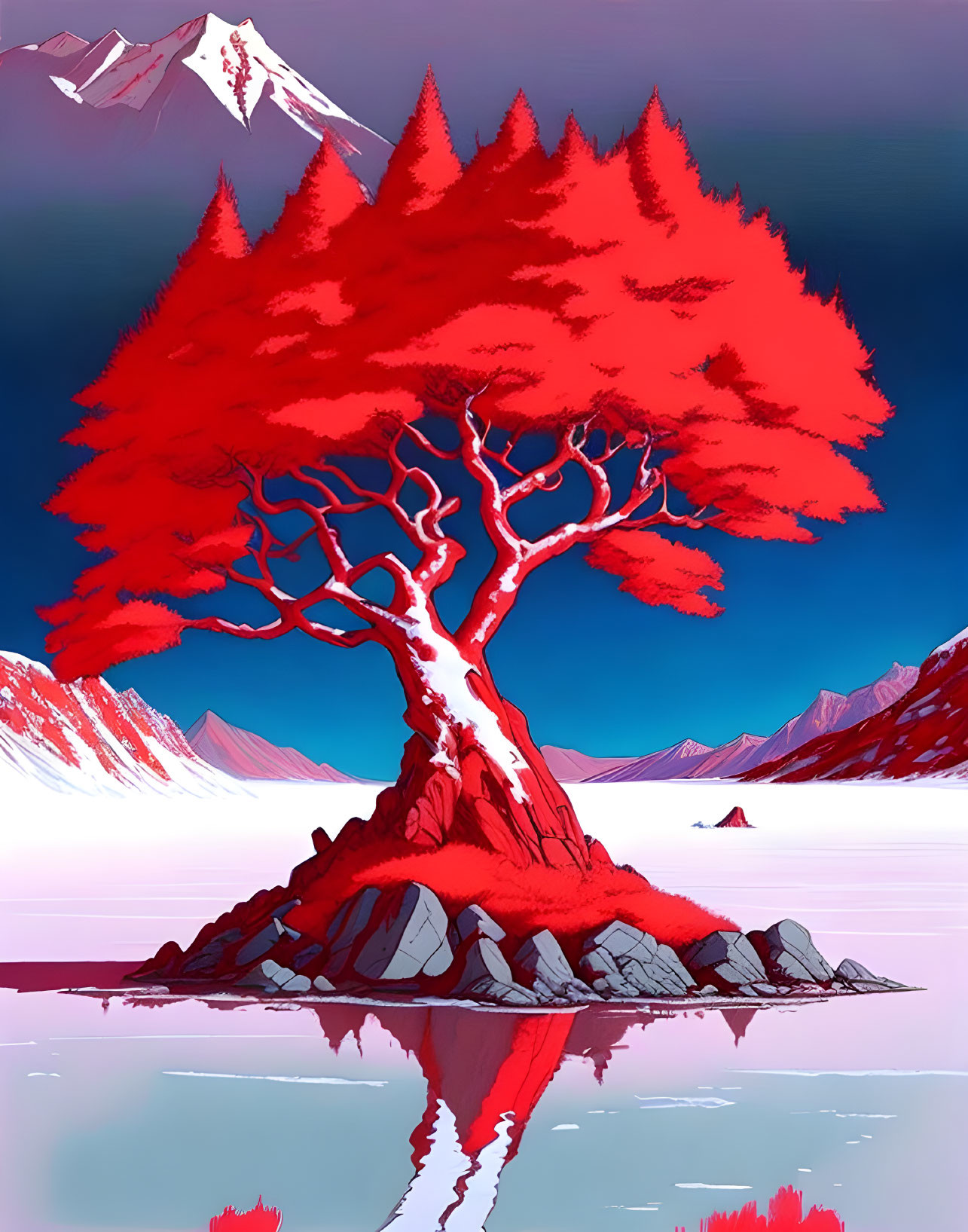 Vibrant red tree on islet reflected in calm lake with pink mountains and blue sky