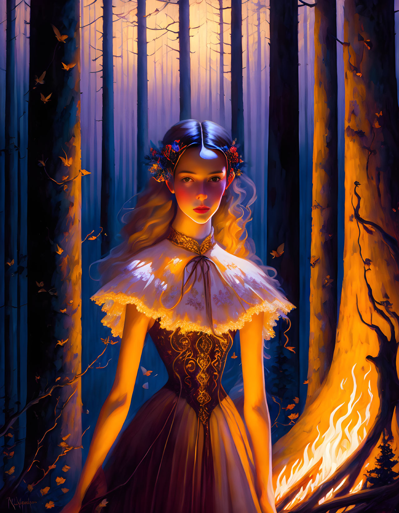 Mystical woman in elegant gown in enchanted forest at twilight