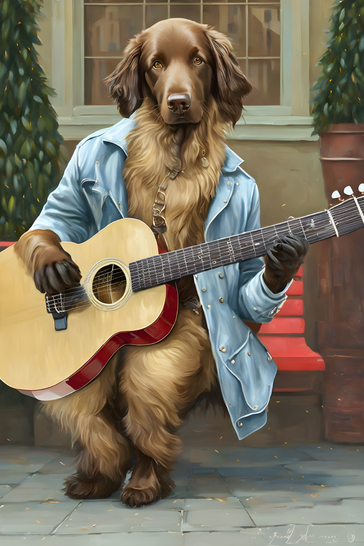 Dog with human-like features playing guitar in denim jacket by building