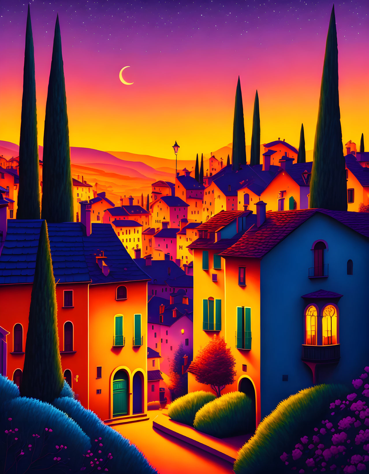 Colorful town illustration at dusk with crescent moon, cypress trees, and purple sky