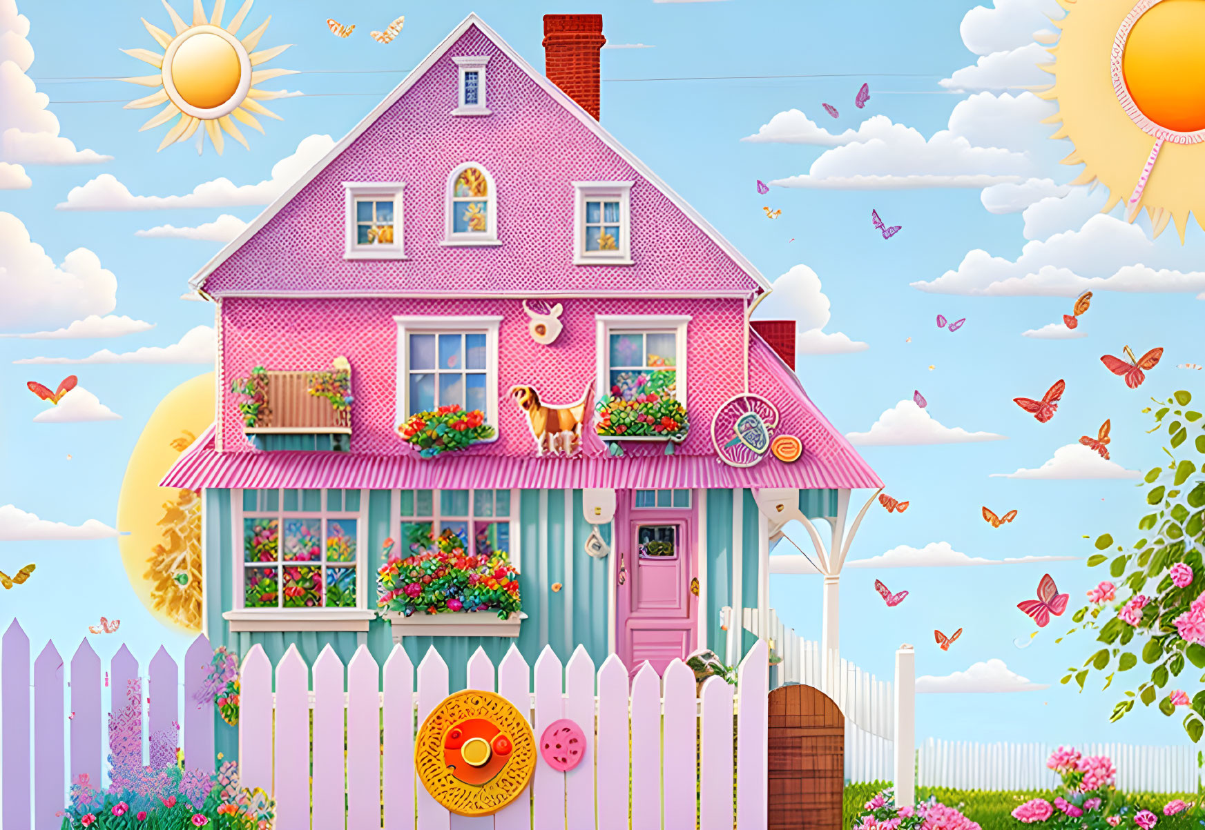 Whimsical pink house with picket fence, flowers, bicycle, butterflies, and bird under smiling