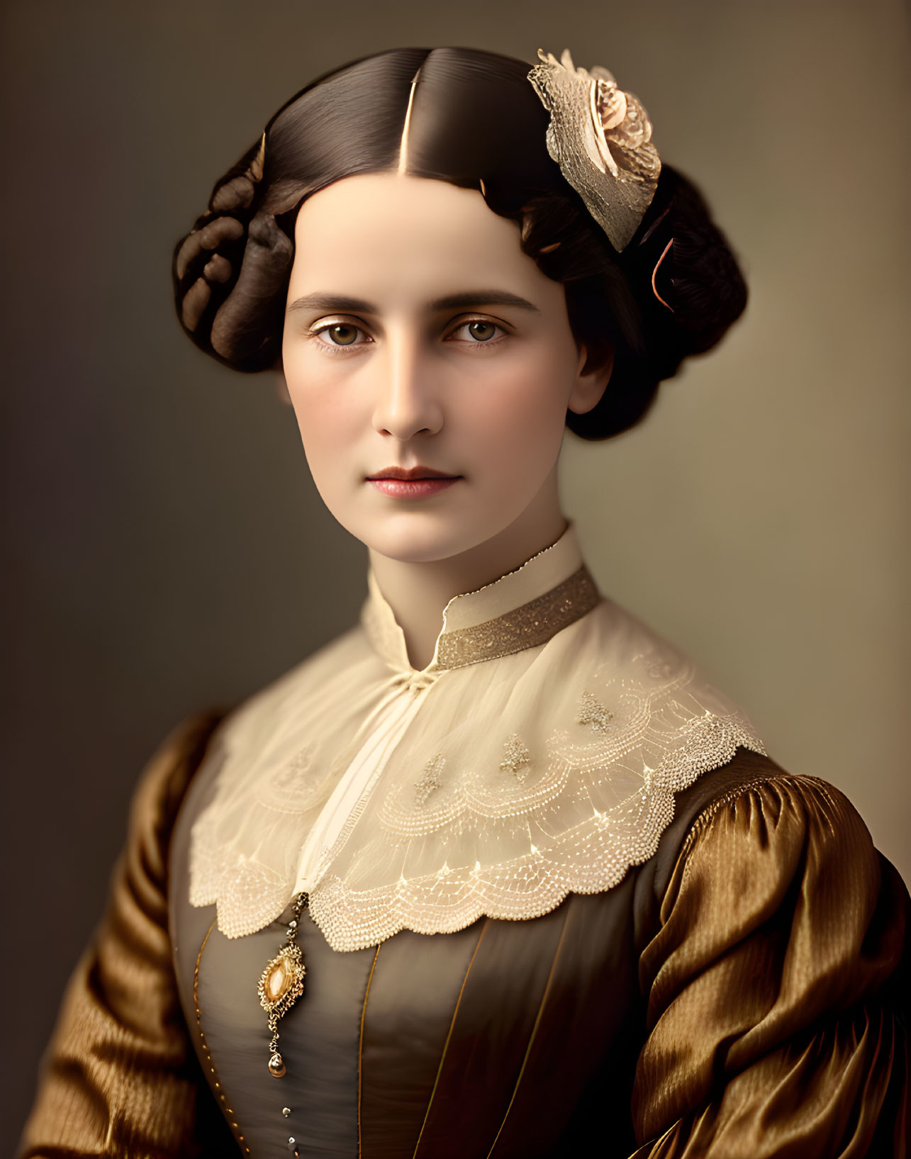 Portrait of woman with side buns, Victorian blouse & brooch