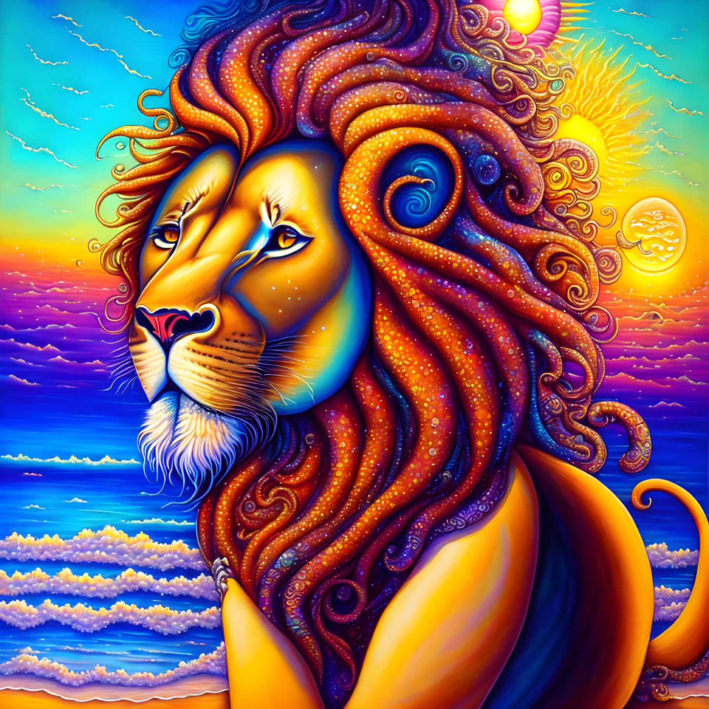 Colorful Psychedelic Lion Painting with Sunset Ocean Scene