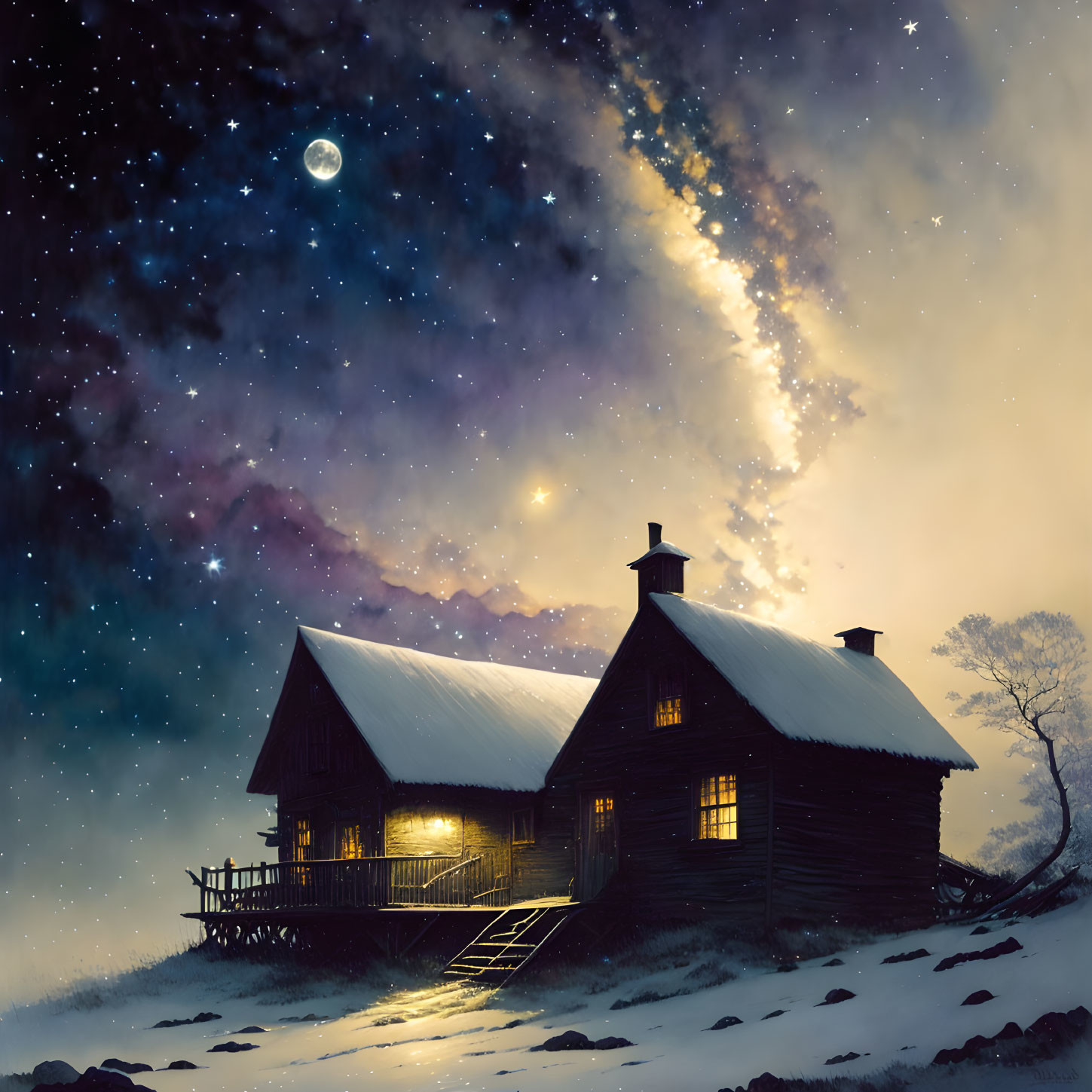 Rustic wooden cabin under starry night sky with Milky Way and crescent moon, snowy landscape