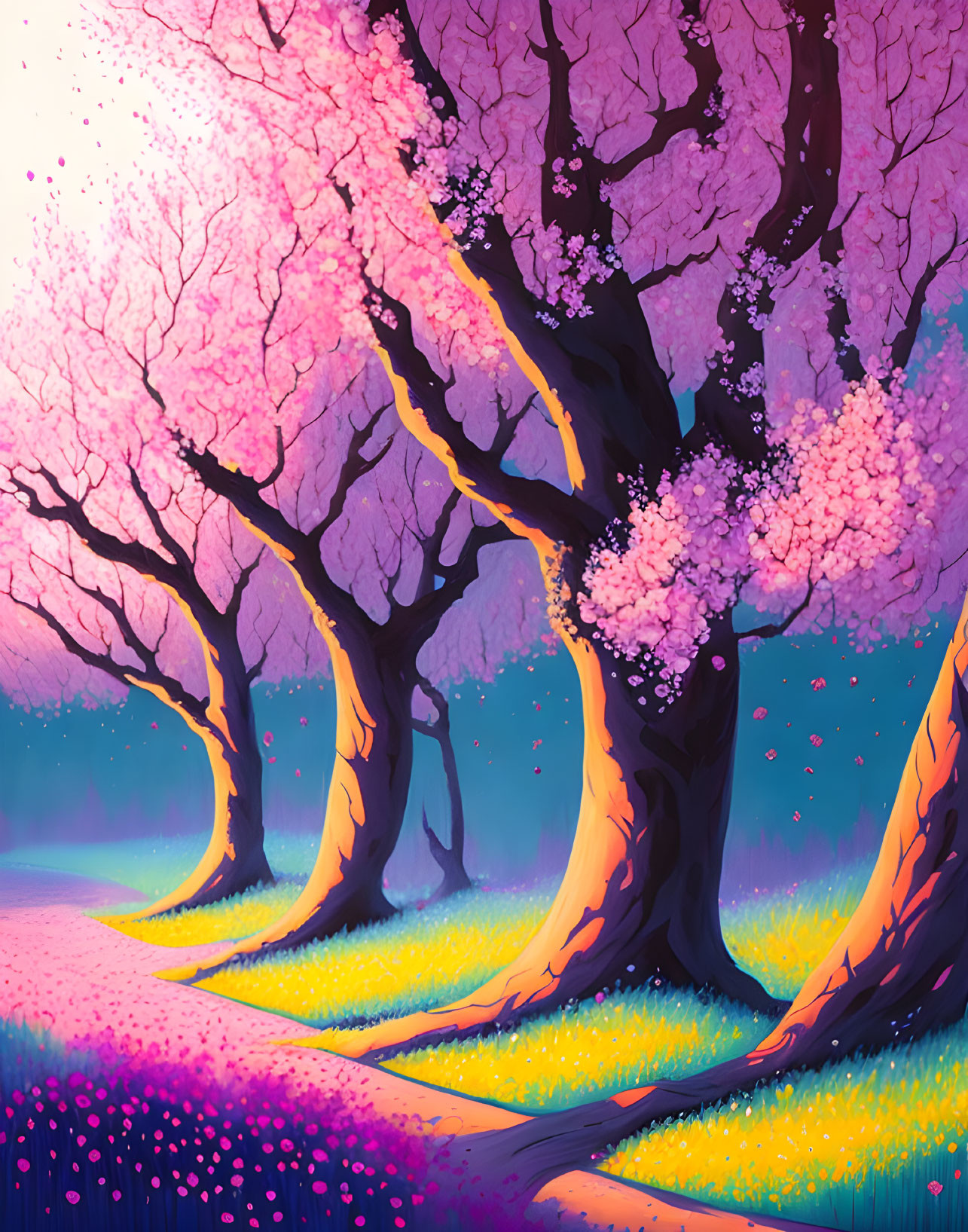 Cherry Blossom-Lined Path Illustration in Pink and Purple