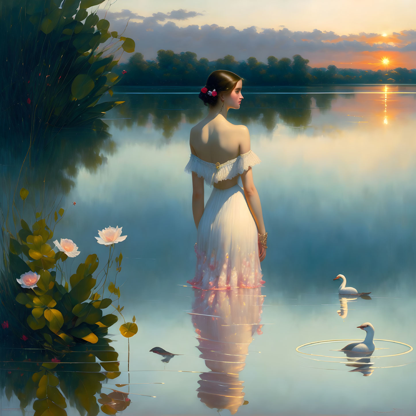 Woman by calm lake at sunset with swans and water lilies