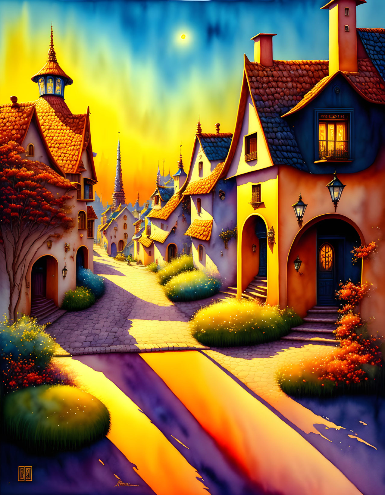 Quaint, colorful cottages on cobblestone street under sunset sky