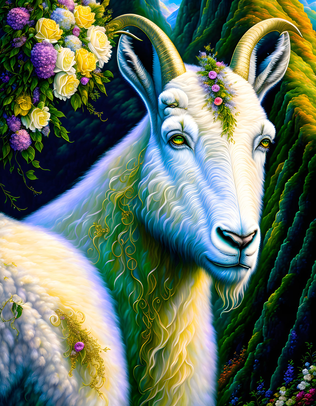 Colorful White Goat Illustration with Blue Eyes and Flowers on Green Background