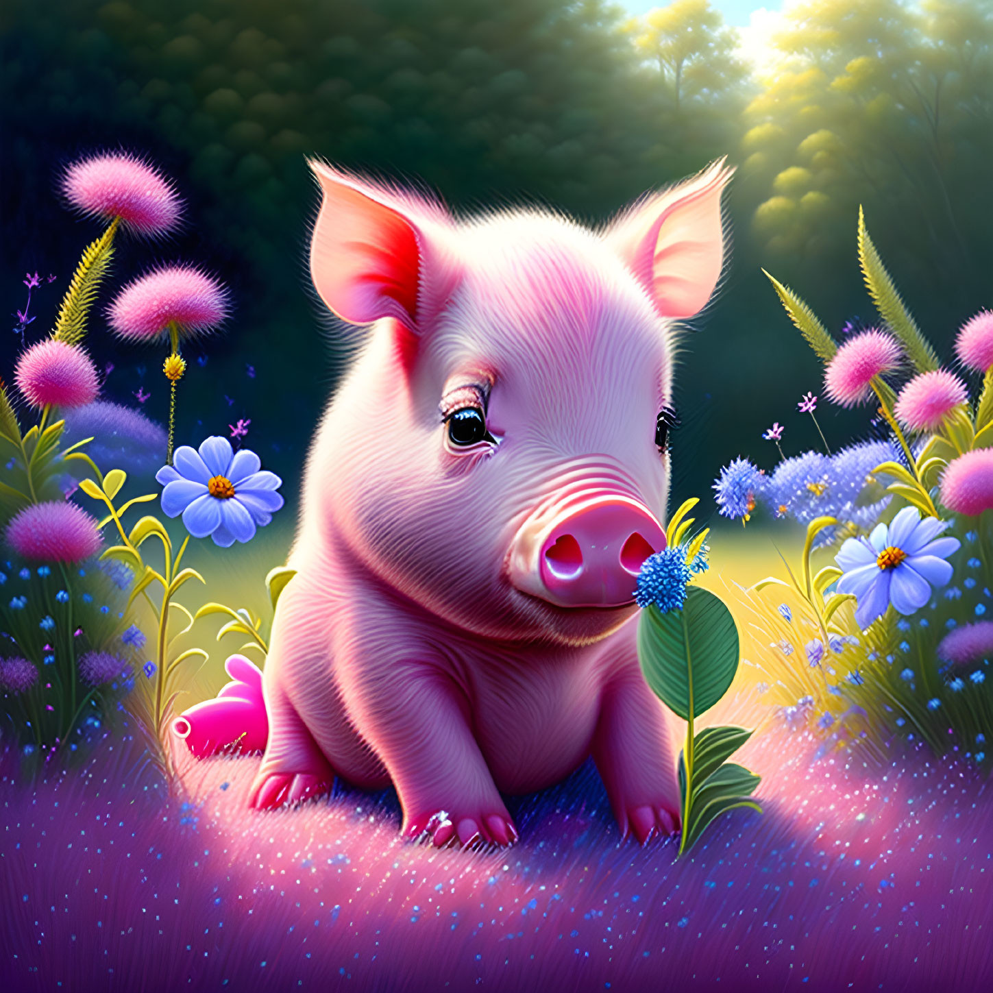 Adorable Pink Piglet in Magical Forest with Glowing Flowers