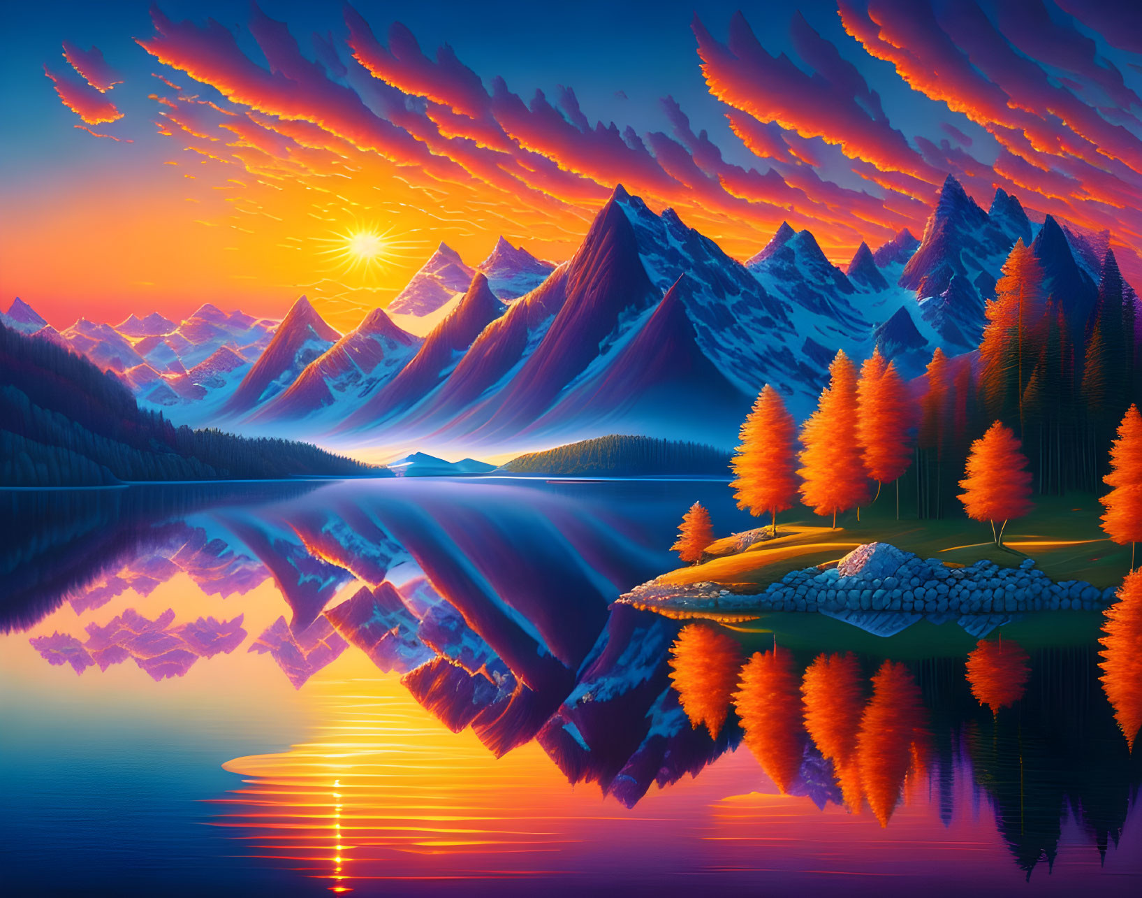 Digital art landscape: orange and red foliage, reflective lake, mountains, sunset, birds in V-