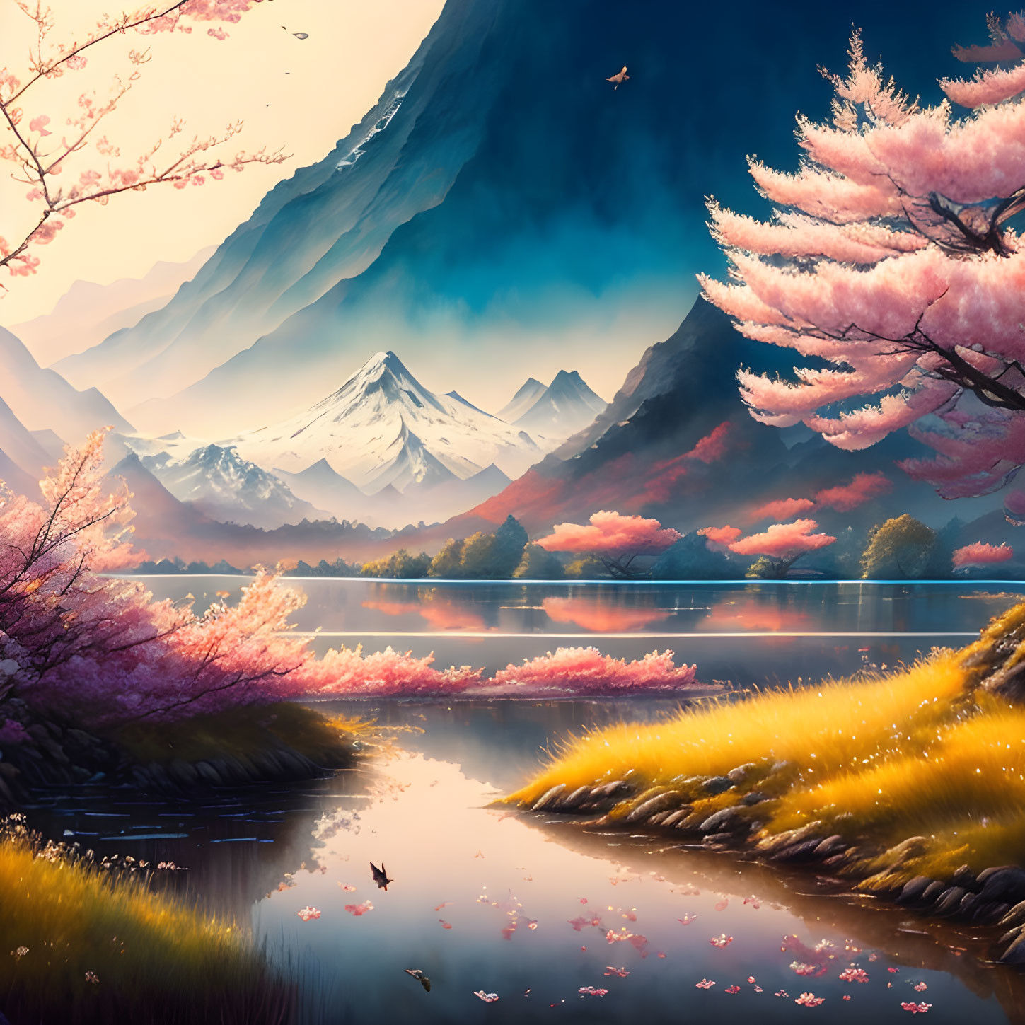 Tranquil Cherry Blossom Landscape with Lake and Mountains