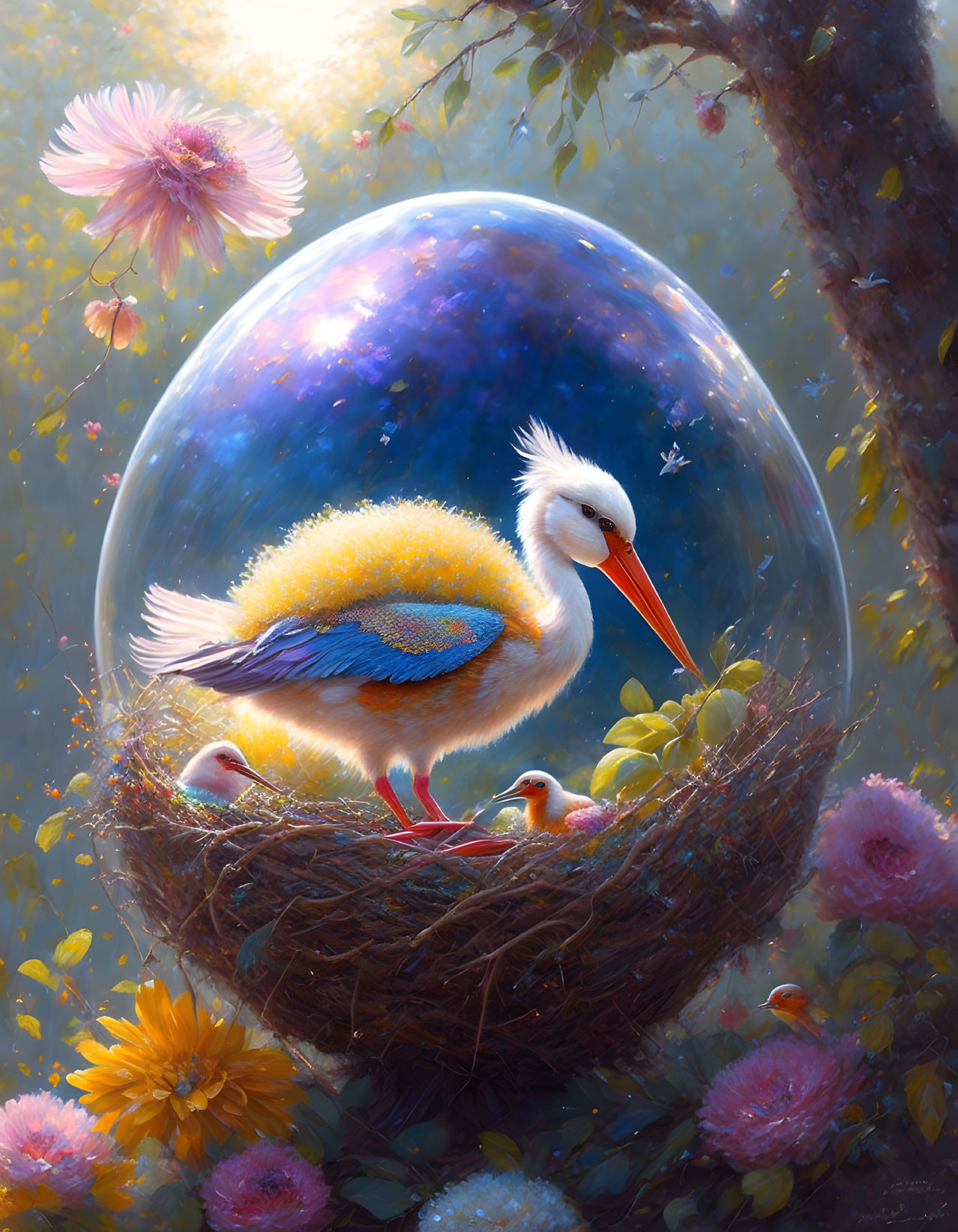 Illustration of stork chick in nest with cosmic egg and dreamy landscape